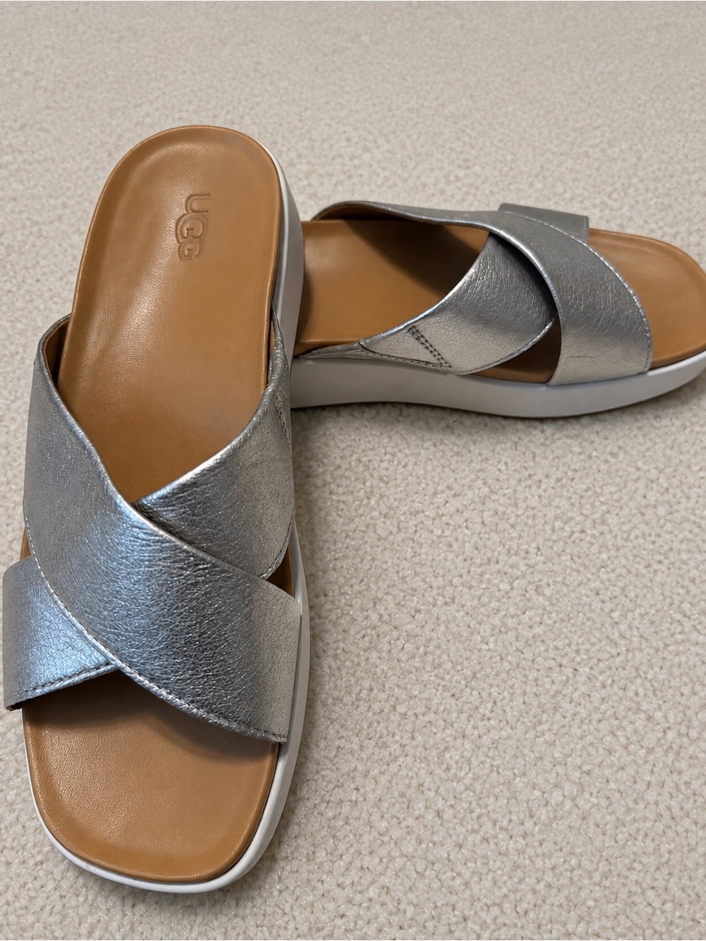 UGG Emily Metallic Silver Slide Sandals Size 37